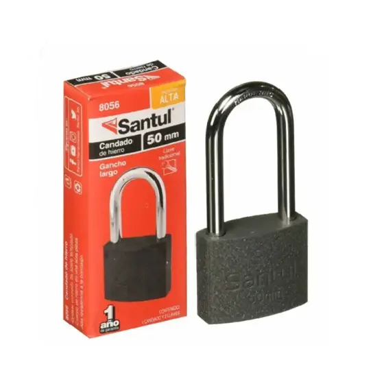Candado cuerpo de hierro 50mm llave tradic., gancho largo