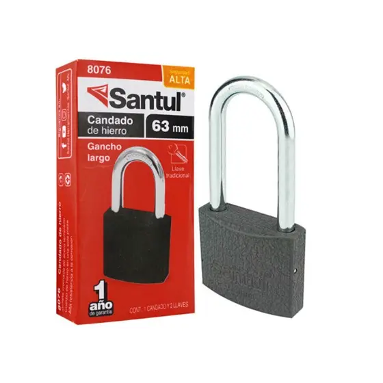 Candado cuerpo de hierro 63mm llave tradic., gancho largo