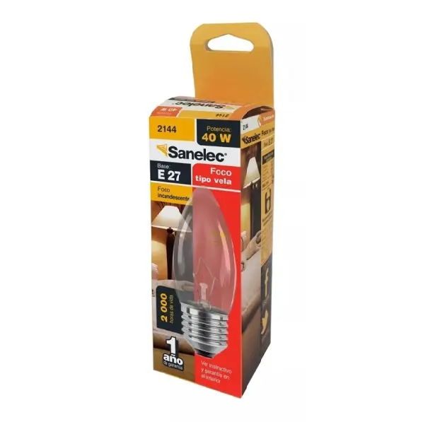 Foco incandescente E27 tipo vela decorativo, 40W